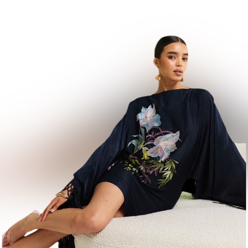 ASOS Navy Velvet Floral Embroidered Midi Dress Boho Luxe Long Sleeve Size 0 - Picture 8 of 14